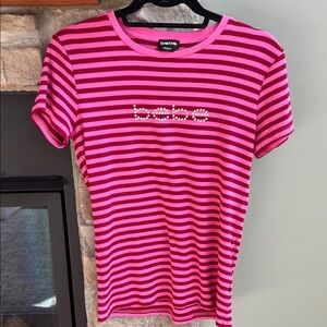 Bebe Fuchsia/burgandy Striped stretchy Tee w jeweled logo